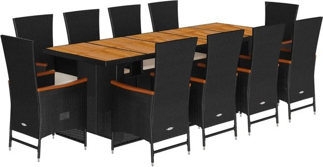 vidaXL 11-teilige Garten-Essgruppe aus Poly Rattan und Akazienholz in Schwarz mit Kissen - Bild 1
