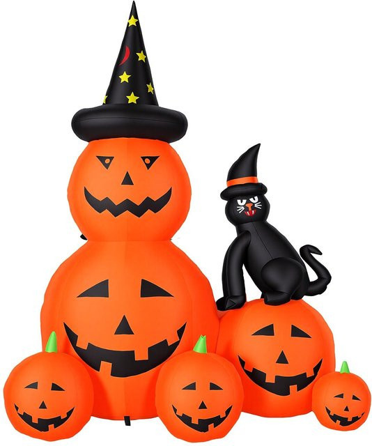 Fishine Aufblasbarer gestapelter Kürbis mit Hexenhut und schwarzer Katze in Orange und Schwarz, Halloween Gartendekoration mit Licht, Höhe: 180 cm - Bild 1