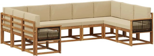 vidaXL Outdoor-Sofagarnitur aus Massivholz Akazie in Natur und Beige, 9-teiliges L-Shape Set mit Sitz- und Rückenkissen - Bild 1