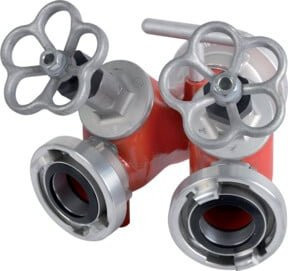 Anschlussverteiler mit Ventilabsperrung in Rot aus Aluminium mit 2 Abgängen, Storz C und 2 x AG 2" Gewinde - Bild 1
