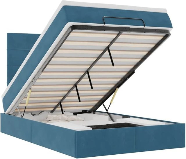 vidaXL Ottoman-Bett mit Matratze und LED-Unterbettbeleuchtung aus Samt in Dunkelblau, B/T: 120 x 190 cm - Bild 1