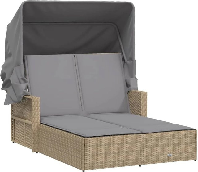 vidaXL Doppel-Sonnenliege aus Poly Rattan mit Sonnendach und Auflagen in Beige, B/T/H: 110 x 180/201 x 149 cm - Bild 1