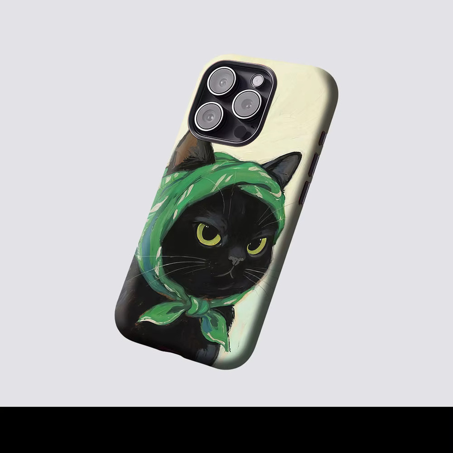 Aurbe 2-in-1 MagSafe Hülle mit Film für iPhone 17 16 15 Plus Pro Max, stoßfeste Hartschale, Design Schwarze Katze mit grünem Kopftuch - Bild 2