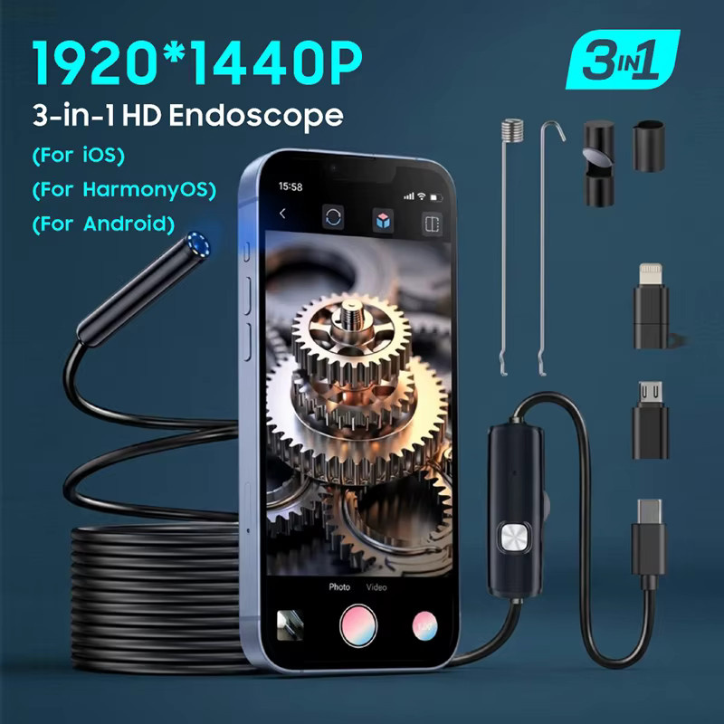 1920P HD Endoskopkamera für iPhone, Huawei, iOS und Android mit USB-C, Micro USB und Licht für Auto und Kanalisation, Schwarz - Bild 2