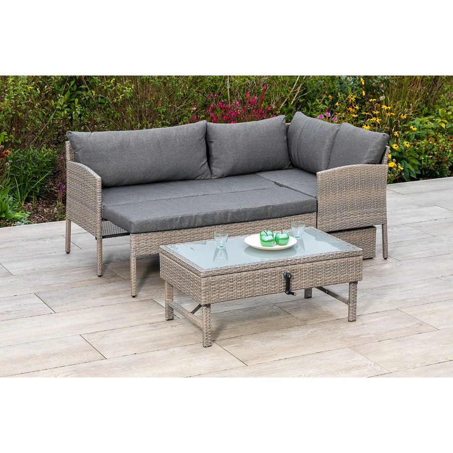 Merxx Gartenmöbelset Viletta 3-teilig aus Stahl und Kunststoff in Grau und Steinbeige mit höhenverstellbarem Tisch und Eckbank - Bild 2