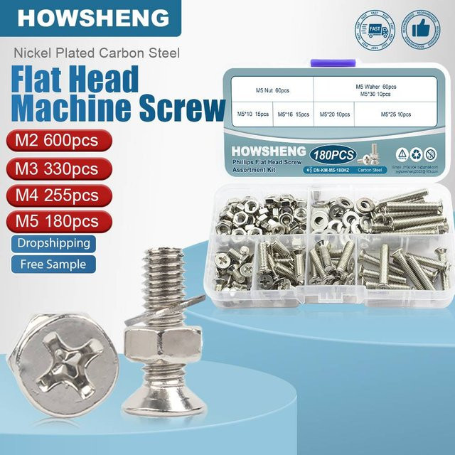 Howsheng Kreuzschlitz-Flachkopfschrauben-Set mit Muttern und Unterlegscheiben aus Kohlenstoffstahl in Silber für Möbelreparaturen (M2 M3 M4 M5) - Bild 1