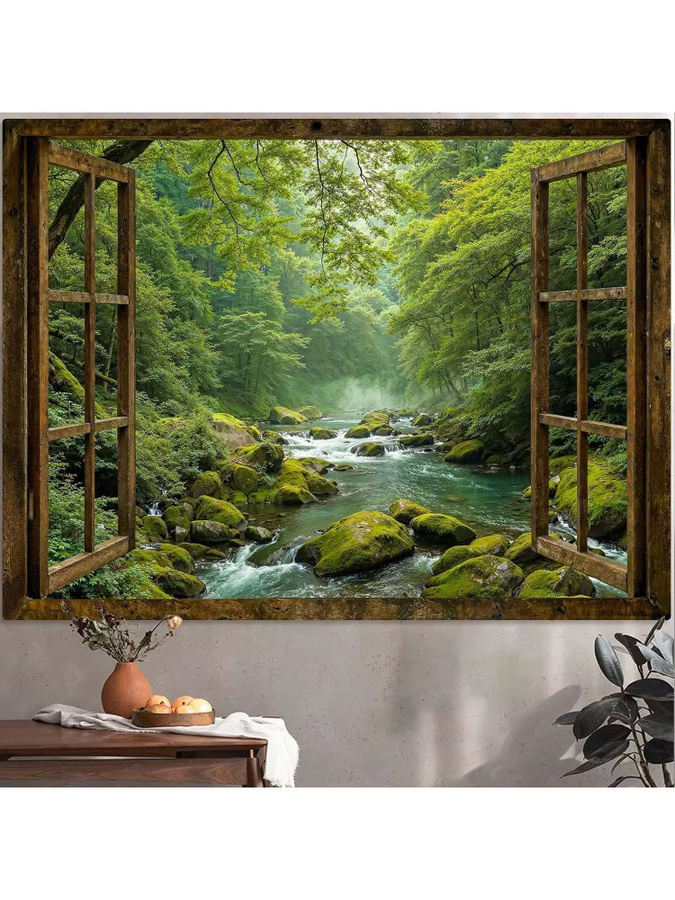 VIKAMA Wandteppich mit Naturmotiv Fensterblick auf grünen Wald in Grün - Bild 4