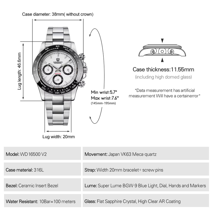 Watchdives Chronographenuhr, Quarzwerk, Saphir-Keramik-Lünette, 100 m wasserdicht, Herren - Bild 2