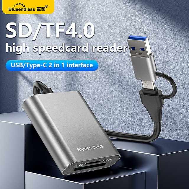Blueendless Kartenleser mit USB-A und USB-C Anschluss für SD4.0 und TF4.0 Speicherkarten, 312MB/s, Silber/Rot - Bild 1