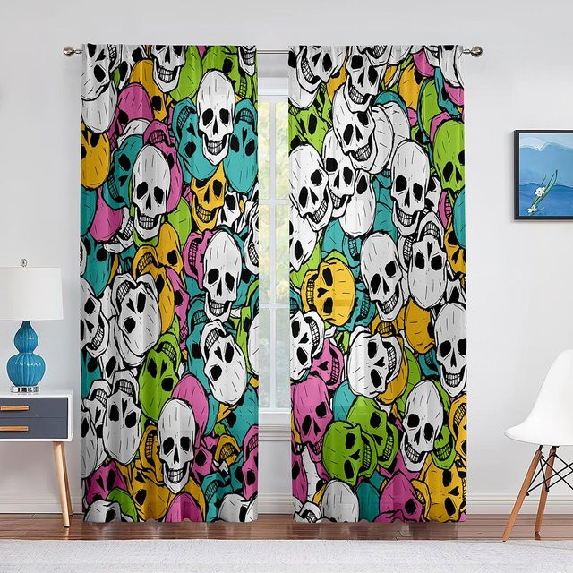 Super Six Totenkopf Chiffon-Vorhang mit Grafik-Design, transparent, Breite: 100 cm, Höhe: 250 cm - Bild 1