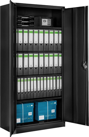 tectake Aktenschrank Blain aus pulverbeschichtetem Stahl mit 2 Flügeltüren und höhenverstellbaren Einlegeböden, Schwarz, H x B x T: 180 x 80 x 40 cm