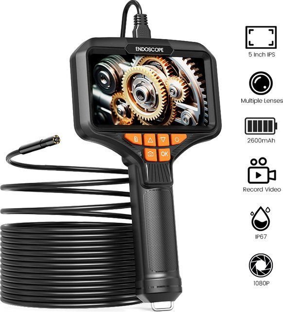 BUMBORN Industrie-Endoskop mit 5 Zoll IPS-Bildschirm, 1080P Kamera, Autofokus und 8mm Linse, abnehmbares Design mit starrem Kabel (1-15m), Farbe: Schwarz - Bild 1