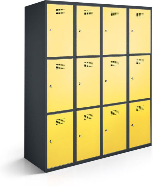 rotstahl Fächerschrank mit 12 Fächern (4x3) in Gelb und anthrazitgrauem Korpus, B/T/H: 120 x 50 x 180 cm - Bild 1