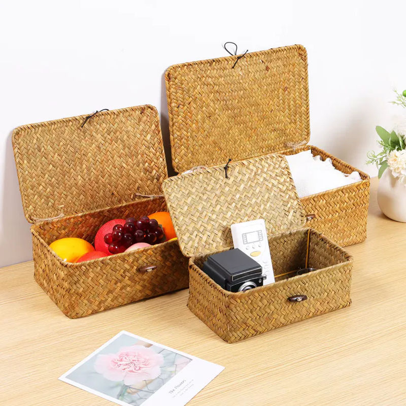 3-teiliges Set handgewebte Aufbewahrungskörbe aus Rattan in Beige im Vintage-Design mit Deckel und rechteckiger Form - Bild 2