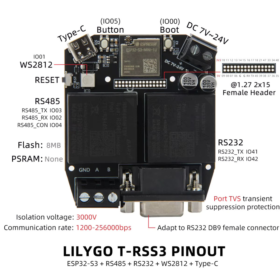 T-RSS3 ESP32-S3 Vollduplex-Hochgeschwindigkeits-Schaltkreismodul mit 5 V, WS2812, 8 MB Flash, RS232 und RS485 in Schwarz - Bild 3