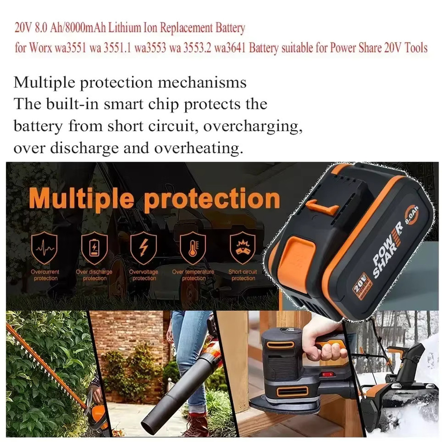 Worx 20 V Lithium-Ionen Akku 8,0 Ah Schwarz für Elektro- und Gartengeräte (WA3553, WA3551, WA3553.1, WA3570) - Bild 2