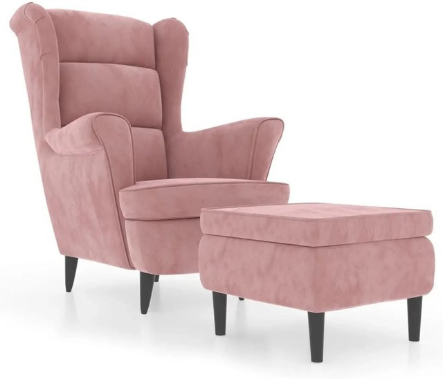 vidaXL Ohrensessel mit Hocker in Rosa, moderner Samt Sessel mit Holzgestell für das Wohnzimmer - Bild 1