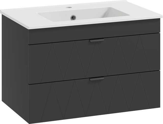 Aosom Waschbeckenunterschrank mit Keramikwaschbecken, Hängender Badunterschrank in Schwarz mit 2 Soft-Close-Schubladen, B/T/H: 76 x 46 x 50 cm - Bild 1
