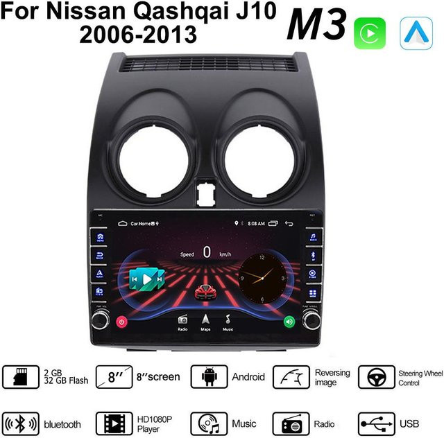 Yousui Auto parts Android Multimedia Autoradio mit Carplay, WiFi und Bluetooth für Nissan Qashqai J10 2006-2013, 2 Din, Schwarz, 32GB - Bild 1