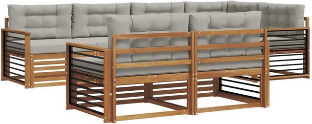 vidaXL Outdoor-Sofagarnitur L-Form aus Akazienholz mit 22-teiligem Set, Farbe Natur und Hellgrau - Bild 1