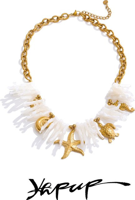 Yhpup Halskette, Edelstahl, Gold, Schildkröte, Seestern, Muschel, Unisex - Bild 1