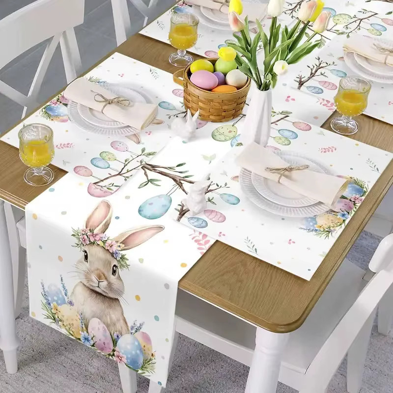 VIKAMA Osterhase Ei Tischdecke aus Leinen in Weiß, rustikale Frühlings-Dekoration für deinen Esstisch, rechteckig und maschinenwaschbar - Bild 3
