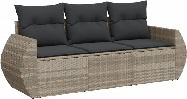 vidaXL 3-tlg Garten-Sofagarnitur aus PE-Rattan in Hellgrau mit Kissen und pulverbeschichtetem Stahlgestell - Bild 1