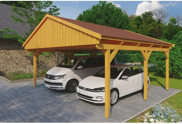 Skan Holz Carport Fichtelberg aus Fichte und Leimholz in Beige mit spitzer Dachform, B/T: 618 x 566 cm, Höhe: 362 cm - Bild 1