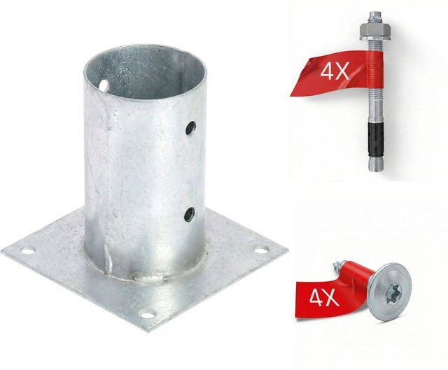 Hollmax Pfostenträger Aufschraubhülse Komplettset für Rundholzpfosten, Verzinkt, Silber, 80 mm - Bild 1