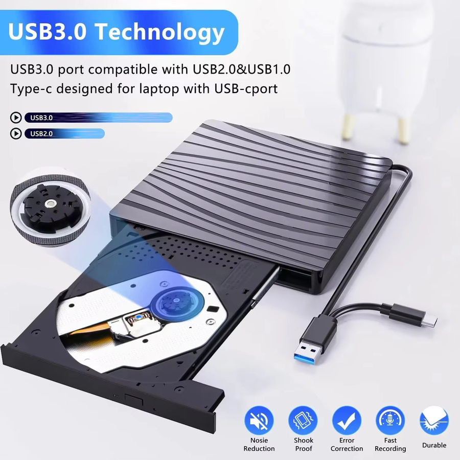 KEBIDUMEI Externes CD-DVD-Laufwerk in Schwarz mit USB 3.0 und Type-C als optisches DVD/CD-Laufwerk für Laptop und PC - Bild 2