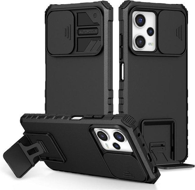 Stoßfeste Panzerhülle für Poco X5 Pro 5G mit Ständer und Schiebeobjektivschutz in Schwarz - Bild 1
