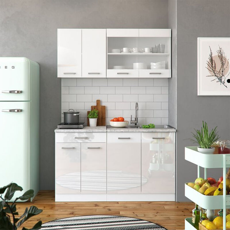 Vicco R-Line Singleküche Einbauküche in Weiß Hochglanz mit Marmor-Optik, Breite: 140 cm - Bild 2