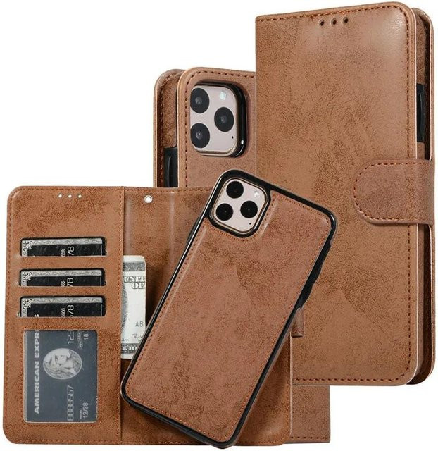 YULIN Leder Klappbrieftasche und Kartenetui als abnehmbare Handyhülle für iPhone 11 bis iPhone 16 Pro Max, Farbe: Braun - Bild 1