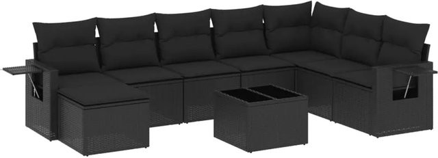 vidaXL 9-tlg Garten-Sofagarnitur in L-Form aus schwarzem PE-Rattan mit Kissen und pulverbeschichtetem Stahlgestell - Bild 1