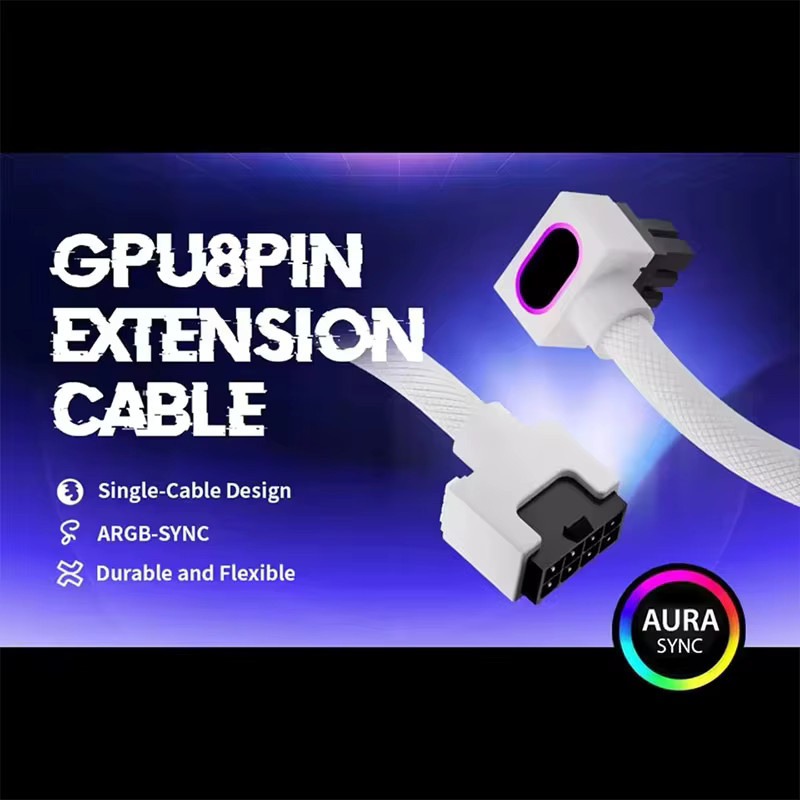 UPSIREN GPU 8PIN Verlängerungskabel mit ARGB 5V 3Pin, 90 Grad rechtwinkliges Design, 18AWG, männlich-zu-weiblich, Schwarz oder Weiß - Bild 3