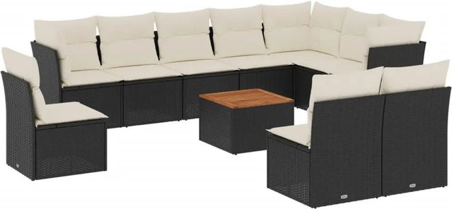 vidaXL 11-tlg. Garten-Sofagarnitur aus Polyrattan mit Kissen in Schwarz und Cremeweiß - Bild 1