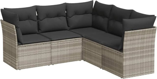 vidaXL 5-teilige Garten-Sofagarnitur in L-Form aus Poly-Rattan in Hellgrau mit Sitz- und Rückenkissen - Bild 1