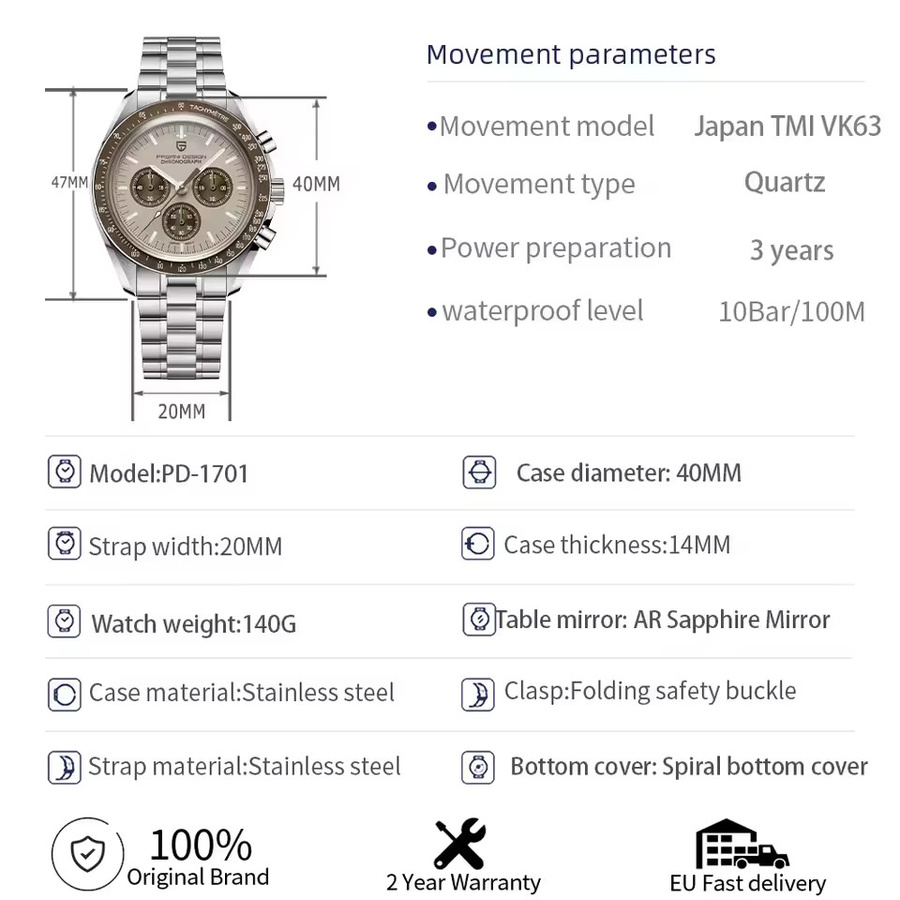 PAGANI DESIGN Chronograph, Edelstahl, Quarz, Saphirglas, Herren, Schwarz - Bild 6
