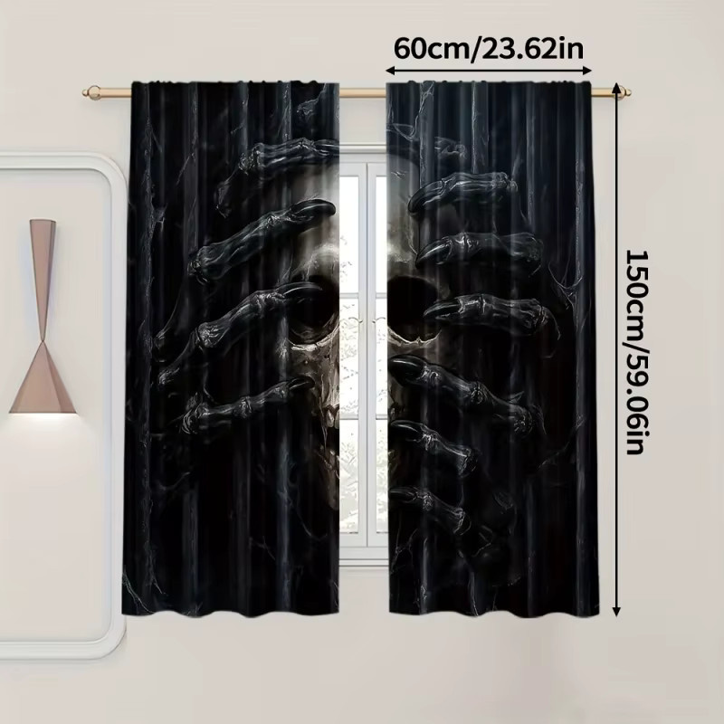 VIKAMA 2-teiliges Gothic-Vorhangset mit Totenkopf- und Hand-Motiven in Schwarz - Bild 2