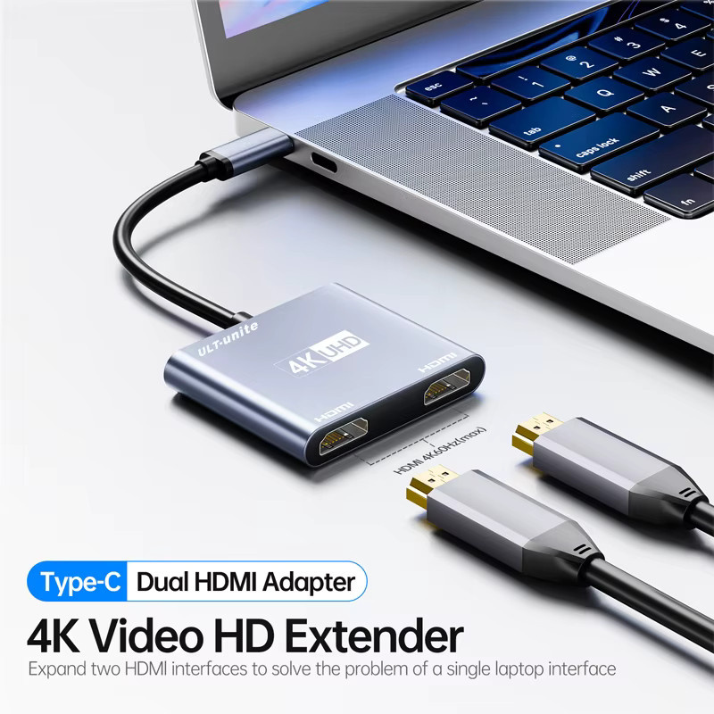 ULT-unite USB-C-zu-Dual-HDMI-Adapter 4K@60Hz in Grau zur Erweiterung für zwei Monitore, kompatibel mit MacBook Pro Air, iPad, iPhone 15, Dell XPS, ThinkPad, Spectre, Surface, Galaxy S24 und Steam - Bild 2