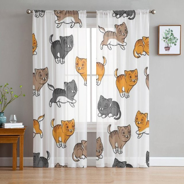 A Family Of Home Textiles Fenstervorhang mit Katzenmuster aus transparentem Chiffon-Tüll, Breite: 135 cm, Höhe: 244 cm - Bild 1