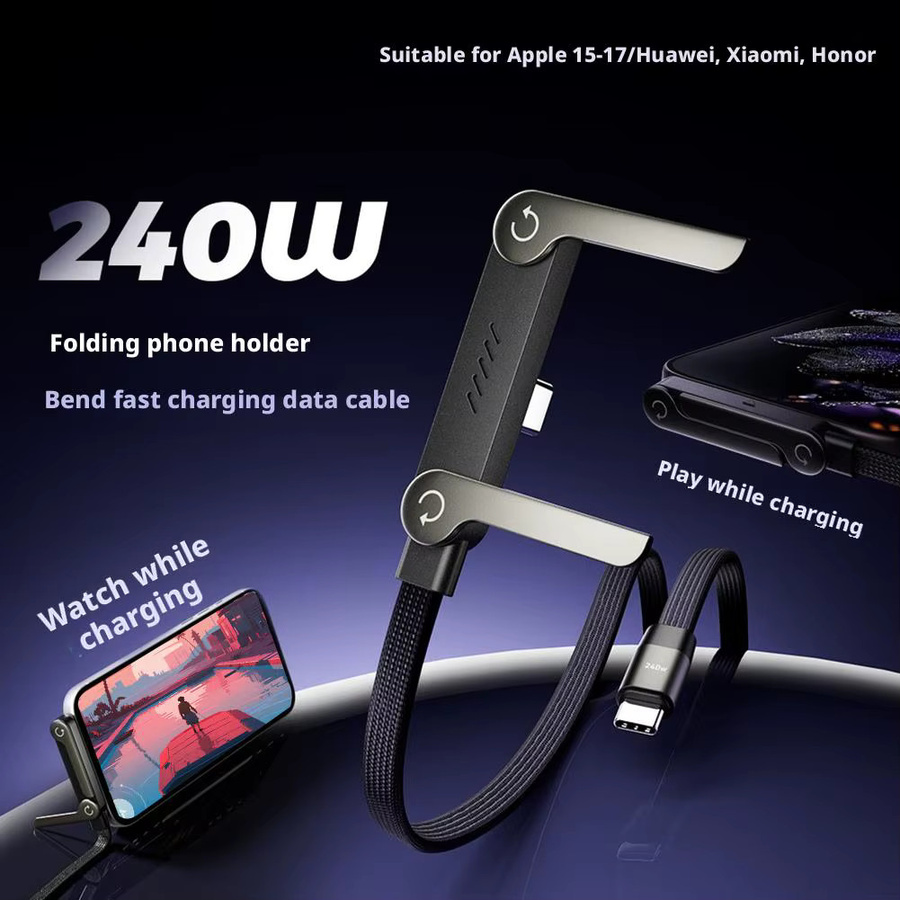 240W USB-C-Kabel mit faltbarem Handyständer in Schwarz für iPhone, Samsung, MacBook und Tablet - Bild 2