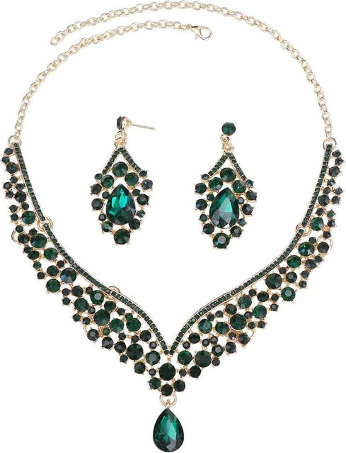 jinmeige Schmuck-Set Halskette, Ohrringe, Kristall, Gold, Damen, grün - Bild 1