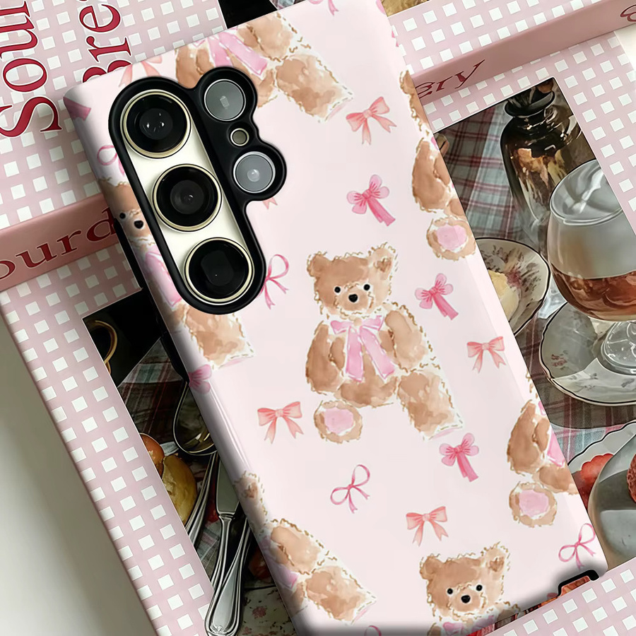 Teddy Dream Handyhülle mit rosa Schleife für Samsung Galaxy S25 Ultra, S24 und S23 Ultra Plus, stoßfeste Doppelschicht Rückabdeckung in Pink - Bild 3