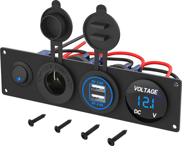DaierTek 4-in-1 Ladegerät-Steckdosenpanel mit Dual-USB-Anschluss, LED-Voltmeter und LED-Schalter in Schwarz und Blau - Bild 1