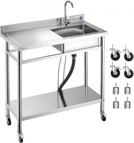 VEVOR Spültisch aus Edelstahl mit Einzelbecken, Wasserhahn und Rollen, Farbe: Silber, B/T/H: 100 x 50 x 105,5 cm - Bild 1