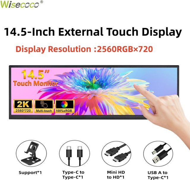 Wisecoco Tragbarer Gaming-Monitor mit HDMI Touchscreen, 14,5 Zoll Gestreckter Bar-Screen für PC, Laptop und Raspberry Pi, Schwarz - Bild 1