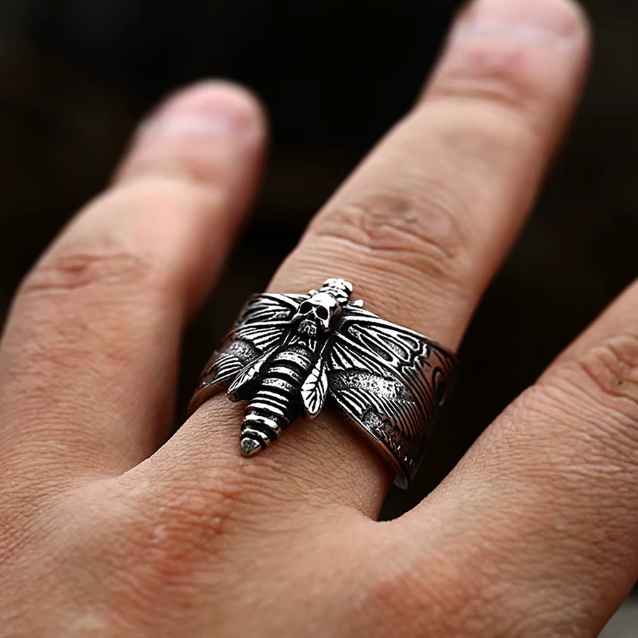 NORTHMAN Ring Schmetterling Schädel, Edelstahl, Silber, Unisex, Vintage - Bild 3