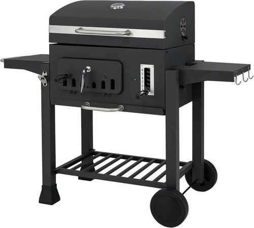 COSTWAY Holzkohlegrill Grillwagen in Schwarz mit Grillrost und Thermometer aus Edelstahl und kaltgewalztem Stahl