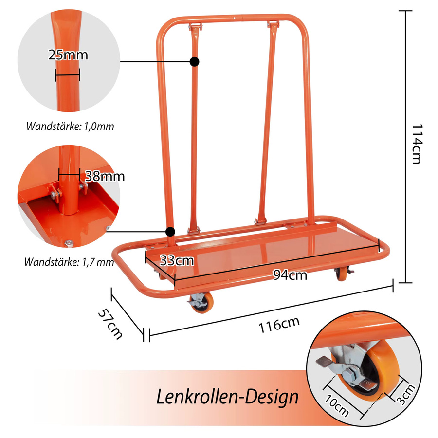 Schwerlast-Trockenbauplatten-Transportwagen aus Stahl in Orange, B/T/H: 116 x 57 x 114 cm - Bild 2